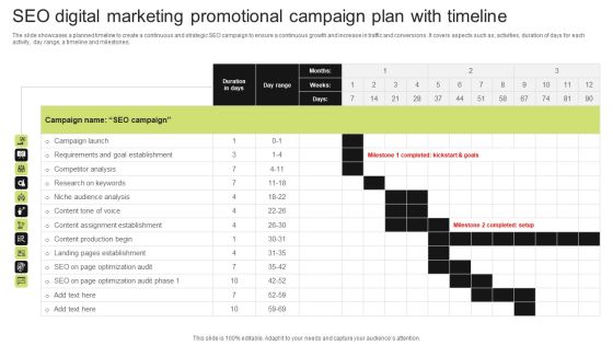 Seo Digital Marketing Promotional Campaign Plan With Timeline Clipart PDF