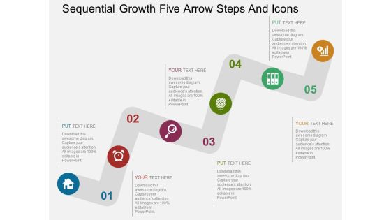 Sequential Growth Five Arrow Steps And Icons Powerpoint Template Sequential Growth Five Arrow Steps And Icons Powerpoint Template
