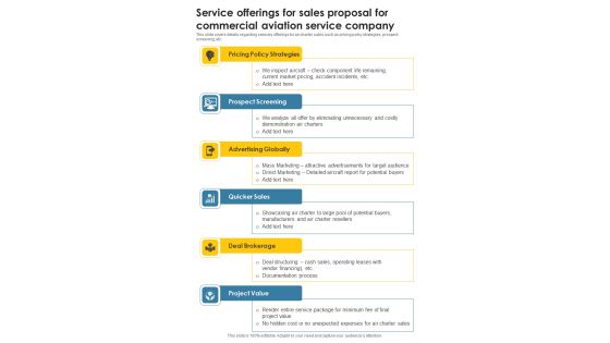 Service Offerings For Sales Proposal For Commercial Aviation Service Company One Pager Sample Example Document