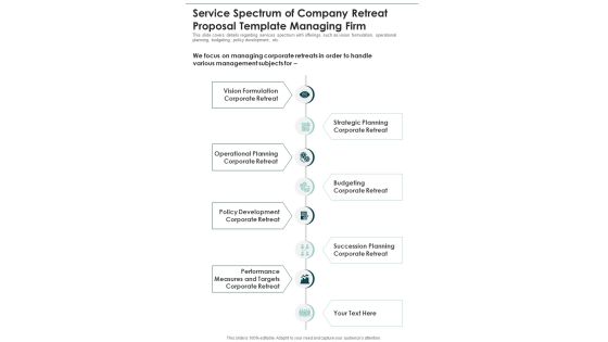 Service Spectrum Of Company Retreat Template Managing Firm One Pager Sample Example Document Service Spectrum Of Company Retreat Template Managing Firm One Pager Sample Example Document
