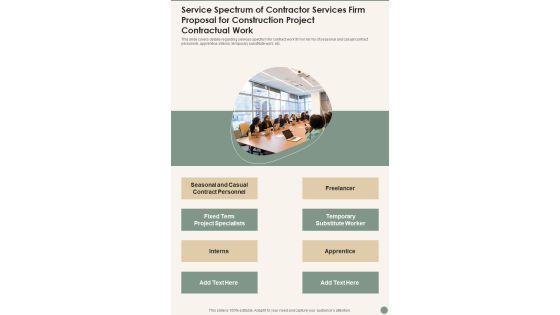 Service Spectrum Of Contractor Services Firm For Construction Project Contractual Work Wd One Pager Sample Example Document Service Spectrum Of Contractor Services Firm For Construction Project Contractual Work Wd One Pager Sample Example Document