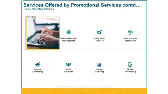 Services Offered By Promotional Services Contd Online Marketing Services Ppt Inspiration Graphics Design PDF