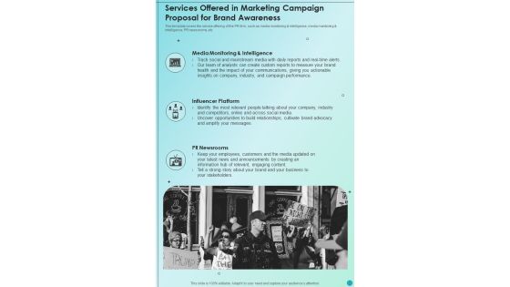 Services Offered In Marketing Campaign Proposal For Brand Awareness One Pager Sample Example Document Services Offered In Marketing Campaign Proposal For Brand Awareness One Pager Sample Example Document