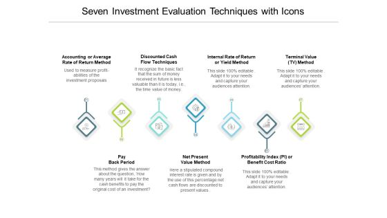 Seven Investment Evaluation Techniques With Icons Ppt PowerPoint Presentation Show Layouts Seven Investment Evaluation Techniques With Icons Ppt PowerPoint Presentation Show Layouts