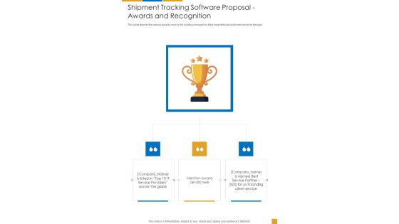 Shipment Tracking Software Proposal Awards And Recognition One Pager Sample Example Document Shipment Tracking Software Proposal Awards And Recognition One Pager Sample Example Document