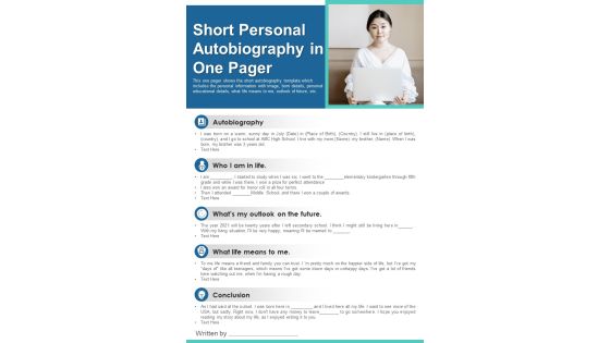 Short Personal Autobiography In One Pager PDF Document PPT Template