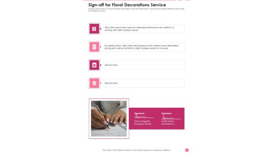 Sign Off For Floral Decorations Service One Pager Sample Example Document Sign Off For Floral Decorations Service One Pager Sample Example Document