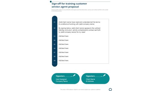 Sign Off For Training Customer Service Agent Proposal One Pager Sample Example Document Sign Off For Training Customer Service Agent Proposal One Pager Sample Example Document