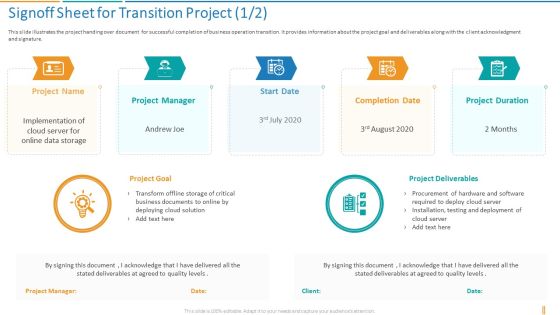 Signoff Sheet For Transition Project Transformation Plan Ppt Professional Background Image PDF