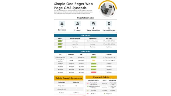 Simple One Pager Web Page CMS Synopsis PDF Document PPT Template Simple One Pager Web Page CMS Synopsis PDF Document PPT Template