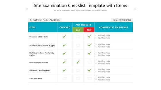 Site Examination Checklist Template With Items Ppt PowerPoint Presentation Outline Visual Aids PDF Site Examination Checklist Template With Items Ppt PowerPoint Presentation Outline Visual Aids PDF