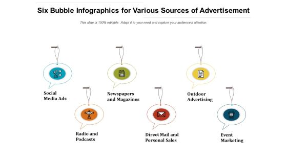 Six Bubble Infographics For Various Sources Of Advertisement Ppt Summary Template PDF Six Bubble Infographics For Various Sources Of Advertisement Ppt Summary Template PDF