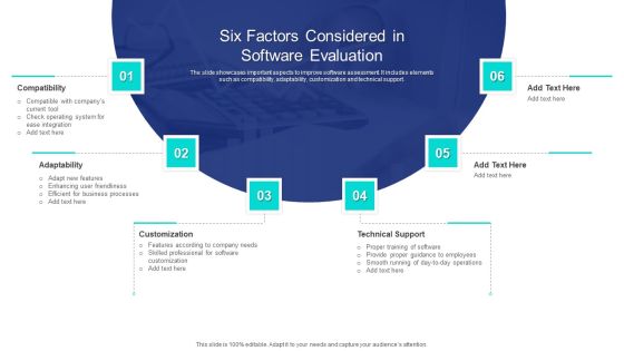 Six Factors Considered In Software Evaluation Ppt PowerPoint Presentation Gallery Icon PDF Six Factors Considered In Software Evaluation Ppt PowerPoint Presentation Gallery Icon PDF