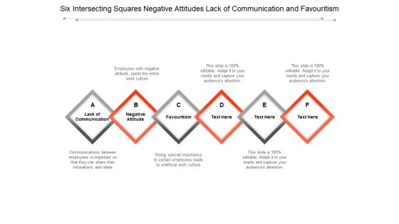 Six Intersecting Squares Negative Attitudes Lack Of Communication And Favouritism Ppt PowerPoint Presentation Infographic Template Graphics Six Intersecting Squares Negative Attitudes Lack Of Communication And Favouritism Ppt PowerPoint Presentation Infographic Template Graphics