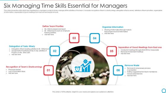 Six Managing Time Skills Essential For Managers Ppt PowerPoint Presentation Gallery Slides PDF Six Managing Time Skills Essential For Managers Ppt PowerPoint Presentation Gallery Slides PDF