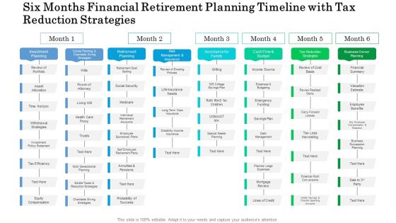 Six Months Financial Retirement Planning Timeline With Tax Reduction Strategies Rules Six Months Financial Retirement Planning Timeline With Tax Reduction Strategies Rules