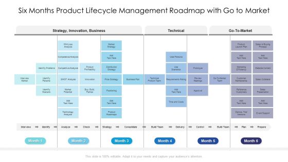 Six Months Product Lifecycle Management Roadmap With Go To Market Diagrams Six Months Product Lifecycle Management Roadmap With Go To Market Diagrams