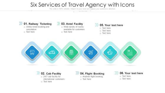 Six Services Of Travel Agency With Icons Ppt PowerPoint Presentation File Skills PDF
