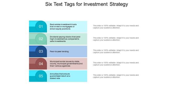 Six Text Tags For Investment Strategy Ppt PowerPoint Presentation File Example Six Text Tags For Investment Strategy Ppt PowerPoint Presentation File Example
