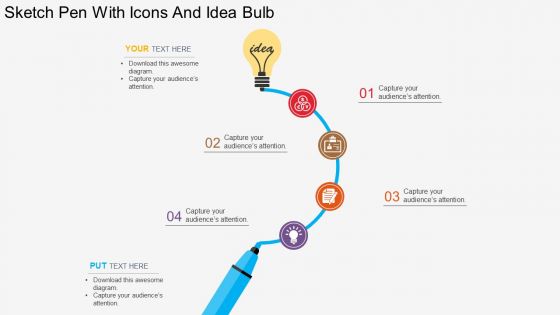 Sketch Pen With Icons And Idea Bulb PowerPoint Template