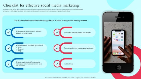 Smartphone Application User Acquisition Techniques Checklist For Effective Social Media Marketing Formats PDF