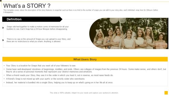 Snapchat Capital Investment Elevator Pitch Deck Whats A Story Mockup PDF Snapchat Capital Investment Elevator Pitch Deck Whats A Story Mockup PDF
