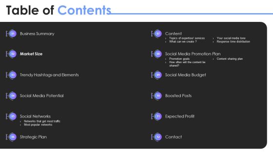 Social Media Promotion Pitch Deck Table Of Contents Elements PDF