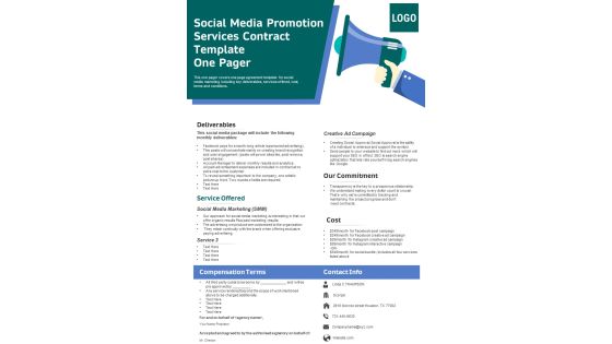 Social Media Promotion Services Contract Template One Pager PDF Document PPT Template Social Media Promotion Services Contract Template One Pager PDF Document PPT Template