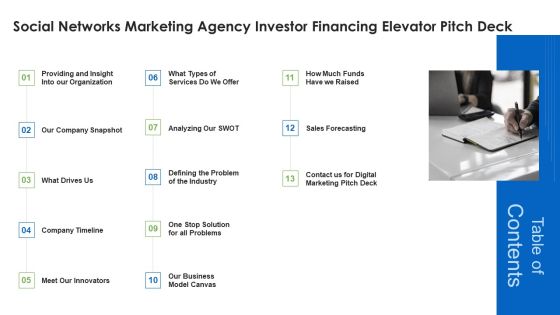Social Networks Marketing Agency Investor Financing Elevator Pitch Deck Table Of Contents Summary PDF