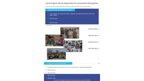 Social Program Run By Organization For Communities Development One Pager Documents Social Program Run By Organization For Communities Development One Pager Documents