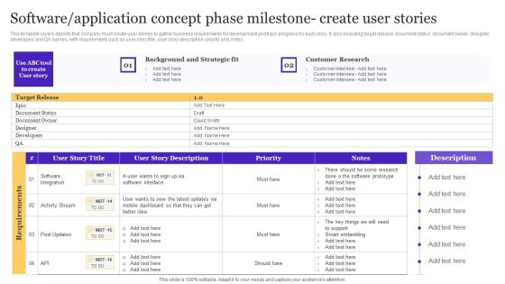 Software Application Concept Phase Milestone Create User Stories Playbook For Enterprise Software Organization Slides PDF Software Application Concept Phase Milestone Create User Stories Playbook For Enterprise Software Organization Slides PDF