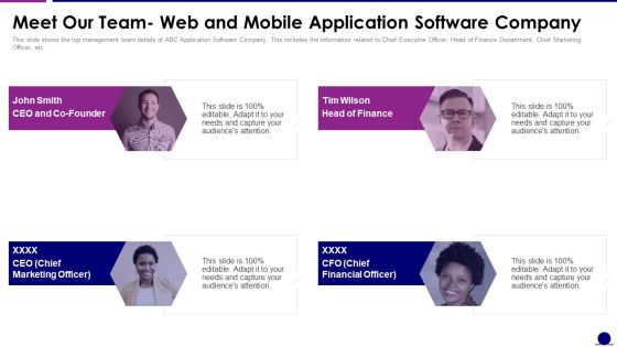 Software Development Pitch Deck Meet Our Team Web And Mobile Application Software Company Professional PDF Software Development Pitch Deck Meet Our Team Web And Mobile Application Software Company Professional PDF