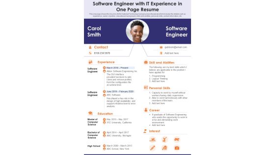 Software Engineer With IT Experience In One Page Resume PDF Document PPT Template