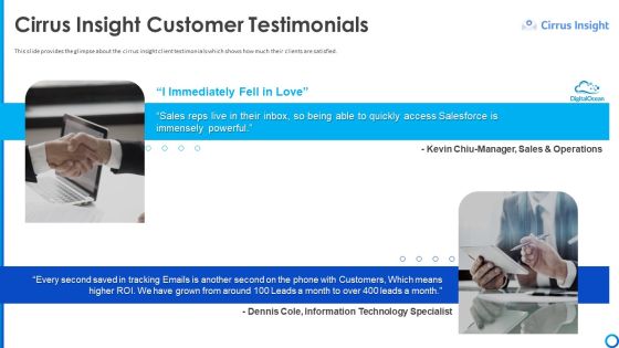 Software Funding Elevator Pitch Deck Cirrus Insight Customer Testimonials Ppt Ideas PDF
