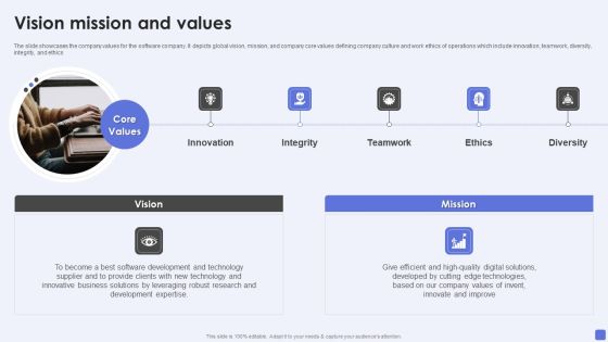 Software Services Business Profile Vision Mission And Values Ppt PowerPoint Presentation Gallery Show PDF Software Services Business Profile Vision Mission And Values Ppt PowerPoint Presentation Gallery Show PDF