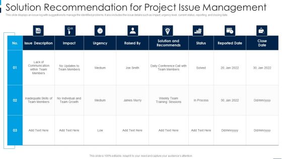 Solution Recommendation For Project Issue Management Background PDF Solution Recommendation For Project Issue Management Background PDF