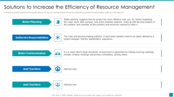 Solutions To Increase The Efficiency Of Resource Management Infographics PDF Solutions To Increase The Efficiency Of Resource Management Infographics PDF