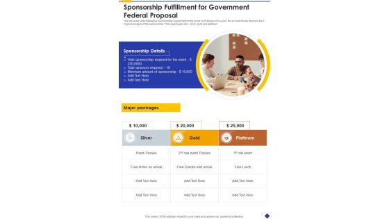 Sponsorship Fulfillment For Government Federal Proposal One Pager Sample Example Document