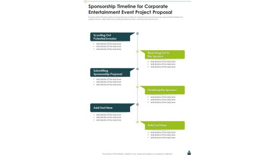 Sponsorship Timeline For Corporate Entertainment Event Project Proposal One Pager Sample Example Document Sponsorship Timeline For Corporate Entertainment Event Project Proposal One Pager Sample Example Document