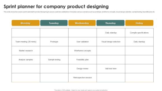 Sprint Planner For Company Product Designing Ppt File Format Ideas PDF