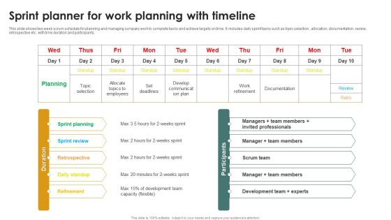 Sprint Planner For Work Planning With Timeline Ppt Visual Aids Pictures PDF