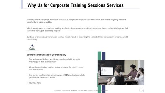 Staff Engagement Training And Development Proposal Why Us For Corporate Training Sessions Services Portrait PDF
