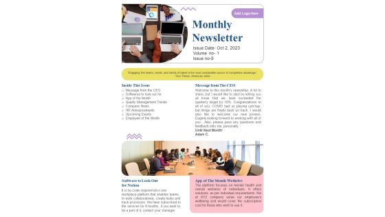 Staff Members Monthly One Page Newsletter PDF Document PPT Template Staff Members Monthly One Page Newsletter PDF Document PPT Template