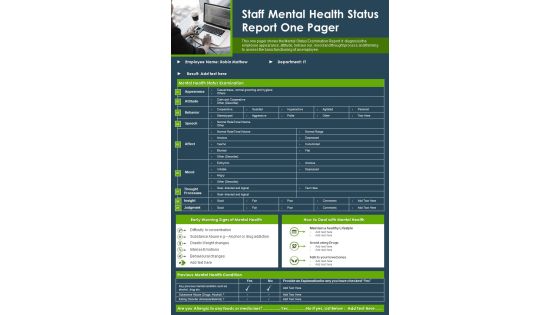 Staff Mental Health Status Report One Pager PDF Document PPT Template
