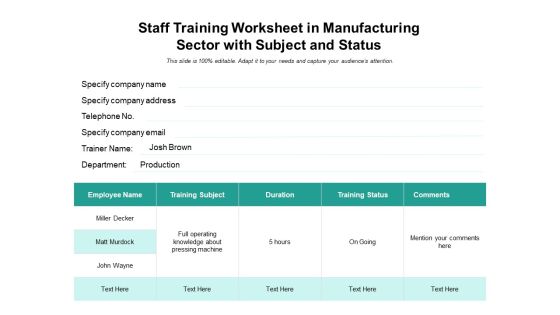 Staff Training Worksheet In Manufacturing Sector With Subject And Status Ppt PowerPoint Presentation Icon Portfolio PDF Staff Training Worksheet In Manufacturing Sector With Subject And Status Ppt PowerPoint Presentation Icon Portfolio PDF