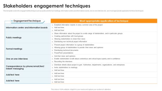 Stakeholders Engagement Techniques Ppt Visual Aids PDF