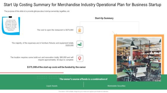 Start Up Costing Summary For Merchandise Industry Operational Plan For Business Startup Summary PDF