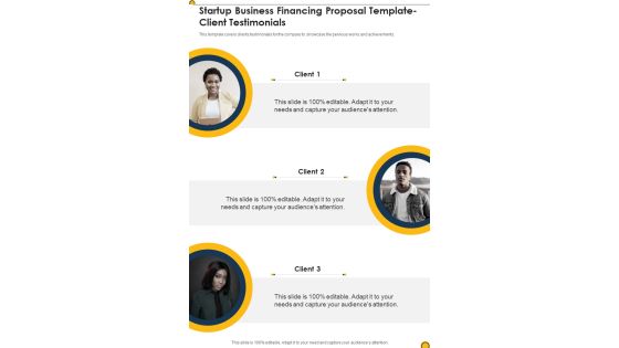 Startup Business Financing Proposal Template Client Testimonials One Pager Sample Example Document Startup Business Financing Proposal Template Client Testimonials One Pager Sample Example Document