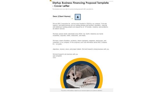 Startup Business Financing Proposal Template Cover Letter One Pager Sample Example Document Startup Business Financing Proposal Template Cover Letter One Pager Sample Example Document