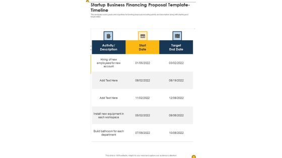 Startup Business Financing Proposal Template Timeline One Pager Sample Example Document Startup Business Financing Proposal Template Timeline One Pager Sample Example Document